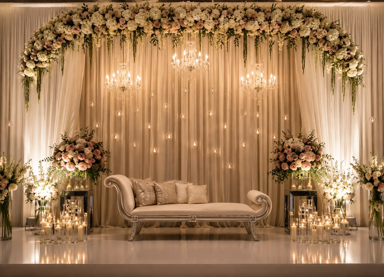 Elegant wedding stage decoration with floral backdrop, royal seating, and warm lighting for a beautiful wedding ceremony.